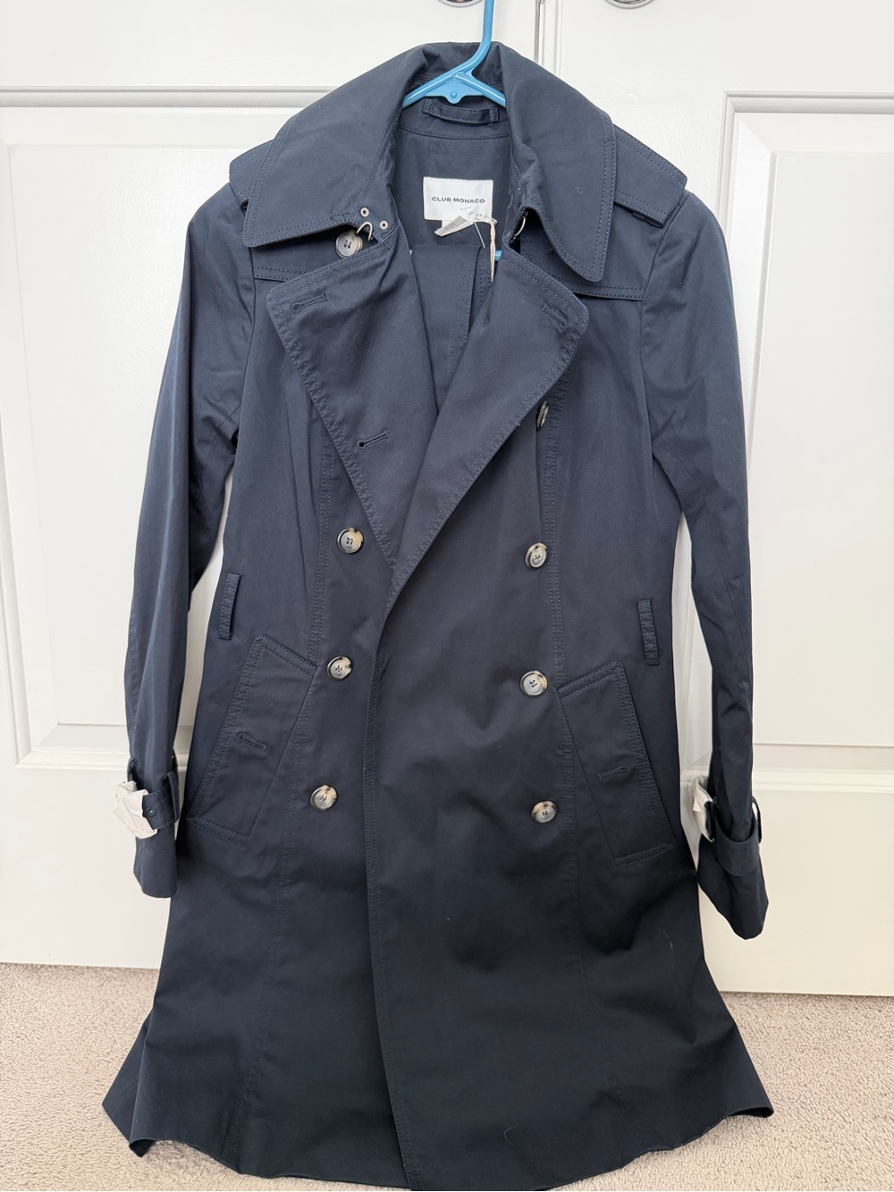 NWT Club Monaco Navy Trench Coat XS Italian Fabric Double Breasted Belted Jacket